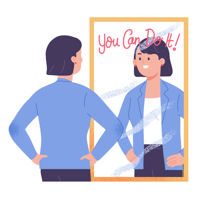Young woman standing in front of mirror motivate and confident you can do it vector illustration
